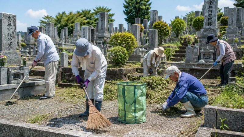 一宮市周辺の地域墓地で墓地清掃を行う墓地管理委員と地域住民