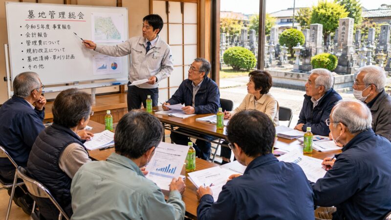 一宮市周辺の地域墓地で総会を開催する墓地管理委員会
