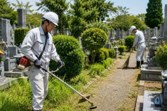 一宮市周辺の地域墓地で石材店スタッフが草刈りや植栽管理を行っている様子