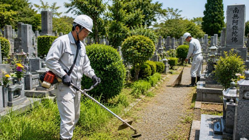 一宮市周辺の地域墓地で石材店スタッフが草刈りや植栽管理を行っている様子