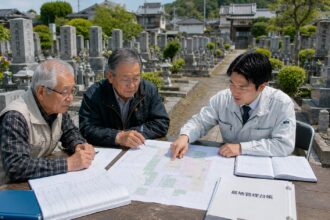 一宮市周辺の地域墓地で墓地管理の課題について相談する墓地管理委員と石材店スタッフ