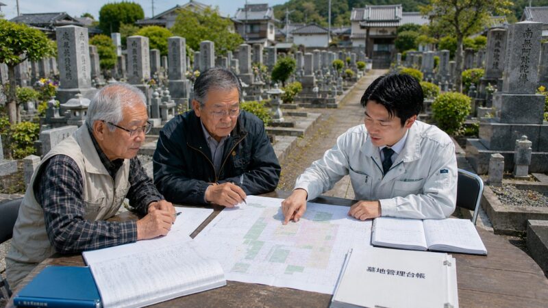 一宮市周辺の地域墓地で墓地管理の課題について相談する墓地管理委員と石材店スタッフ
