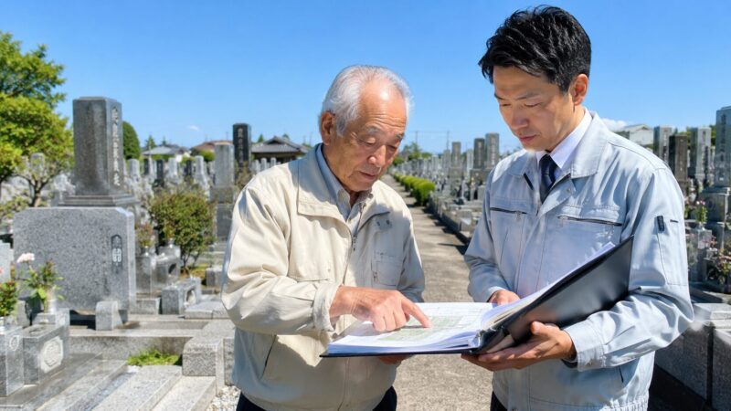 一宮市周辺の地域墓地で墓地管理委員長が管理台帳を確認している様子