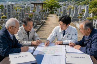 一宮市周辺の地域墓地で墓地管理委員と石材店スタッフが管理台帳を確認している様子