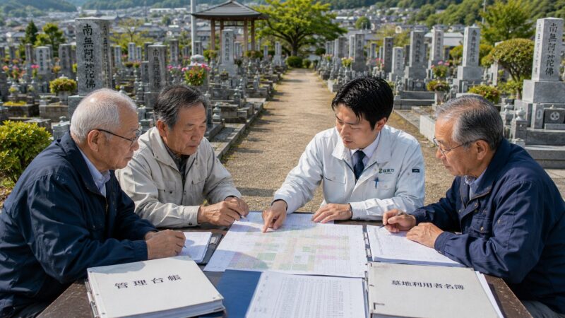 一宮市周辺の地域墓地で墓地管理委員と石材店スタッフが管理台帳を確認している様子