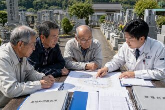 一宮市周辺の地域墓地で墓地管理委員会の役員が管理台帳や区画図を確認している様子