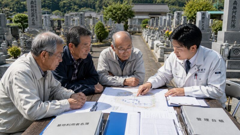 一宮市周辺の地域墓地で墓地管理委員会の役員が管理台帳や区画図を確認している様子
