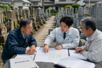 一宮市周辺の地域墓地で将来の墓地管理について相談する家族