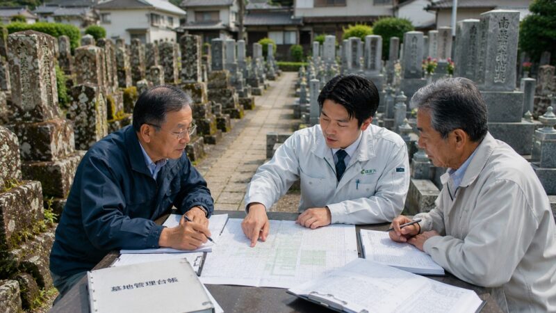 一宮市周辺の地域墓地で将来の墓地管理について相談する家族