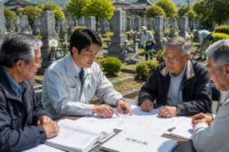 一宮市周辺の地域墓地で墓地管理委員と石材店スタッフが管理委託について打ち合わせしている様子