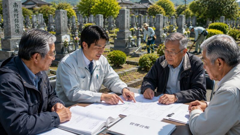 一宮市周辺の地域墓地で墓地管理委員と石材店スタッフが管理委託について打ち合わせしている様子
