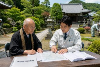 一宮市周辺の寺院で住職と石材店スタッフが境内管理について相談している様子