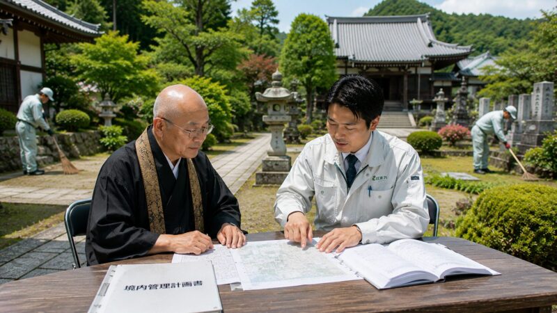 一宮市周辺の寺院で住職と石材店スタッフが境内管理について相談している様子