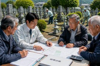 一宮市周辺の地域墓地で墓地管理代行サービスについて説明する石材店スタッフ