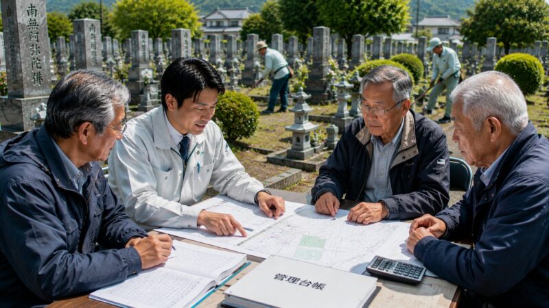 一宮市周辺の地域墓地で墓地管理代行サービスについて説明する石材店スタッフ