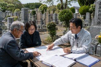 一宮市周辺の地域墓地で墓地管理委員が区画図や管理台帳を確認している様子