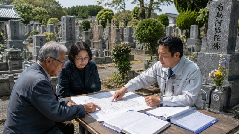 一宮市周辺の地域墓地で墓地管理委員が区画図や管理台帳を確認している様子