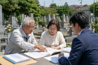 一宮市周辺の地域墓地で墓地管理委員が墓地利用者名簿を確認している様子