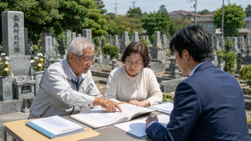 一宮市周辺の地域墓地で墓地管理委員が墓地利用者名簿を確認している様子