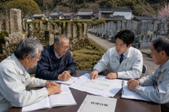 一宮市周辺の地域墓地で墓じまいと無縁墓問題について相談する家族と石材店スタッフ