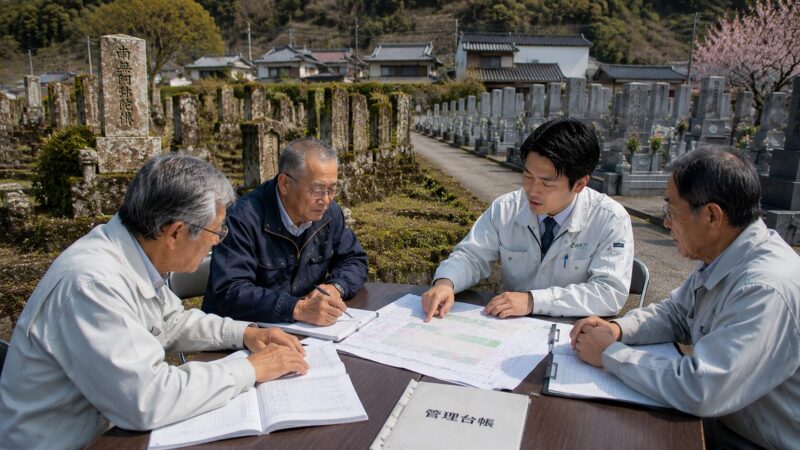 一宮市周辺の地域墓地で墓じまいと無縁墓問題について相談する家族と石材店スタッフ