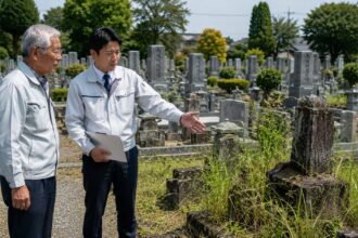 一宮市周辺の地域墓地で無縁墓問題について確認する墓地管理委員と石材店スタッフ