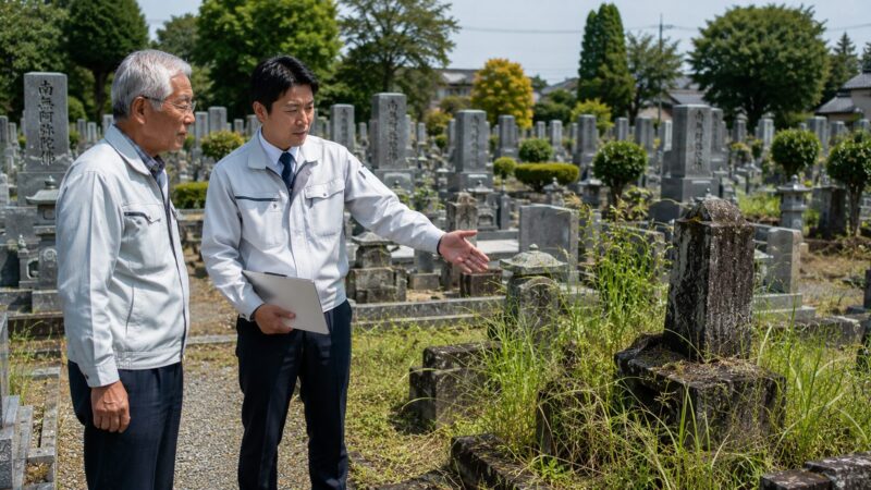 一宮市周辺の地域墓地で無縁墓問題について確認する墓地管理委員と石材店スタッフ
