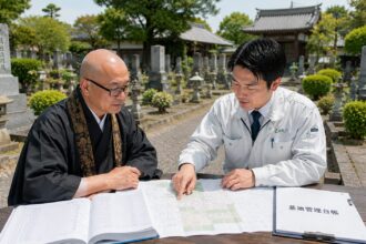 一宮市周辺の寺院墓地で住職が墓地管理について相談している様子
