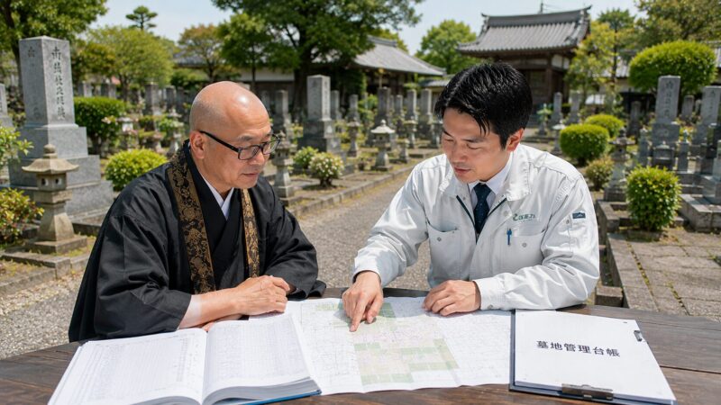 一宮市周辺の寺院墓地で住職が墓地管理について相談している様子