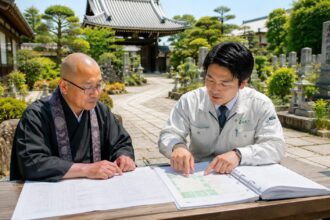 一宮市周辺の寺院で境内清掃や草刈りを行う専門スタッフ