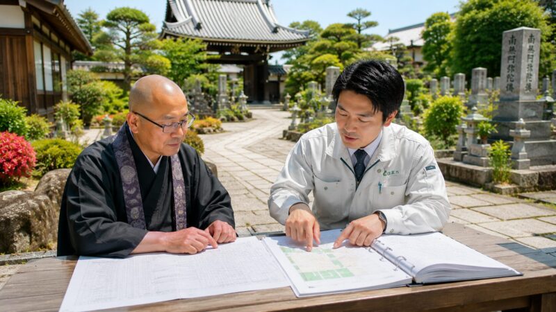 一宮市周辺の寺院で境内清掃や草刈りを行う専門スタッフ
