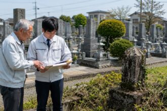 一宮市周辺の地域墓地で管理者不明墓を確認する墓地管理委員と石材店スタッフ