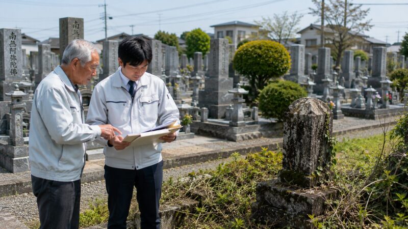 一宮市周辺の地域墓地で管理者不明墓を確認する墓地管理委員と石材店スタッフ